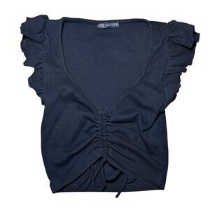 ZARA Black Ruched Crop Top 🖤 Puff‑Sleeve Cinched Front Tee ✨ Size S